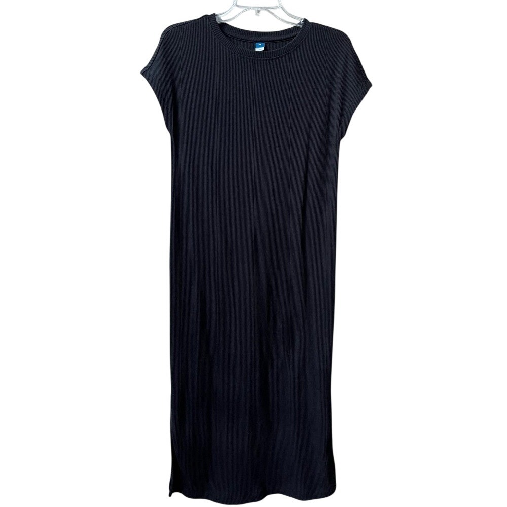 Old Navy Short Sleeve Ribbed Knit Midi Dress Womens XS Black Side Slits Stretchy